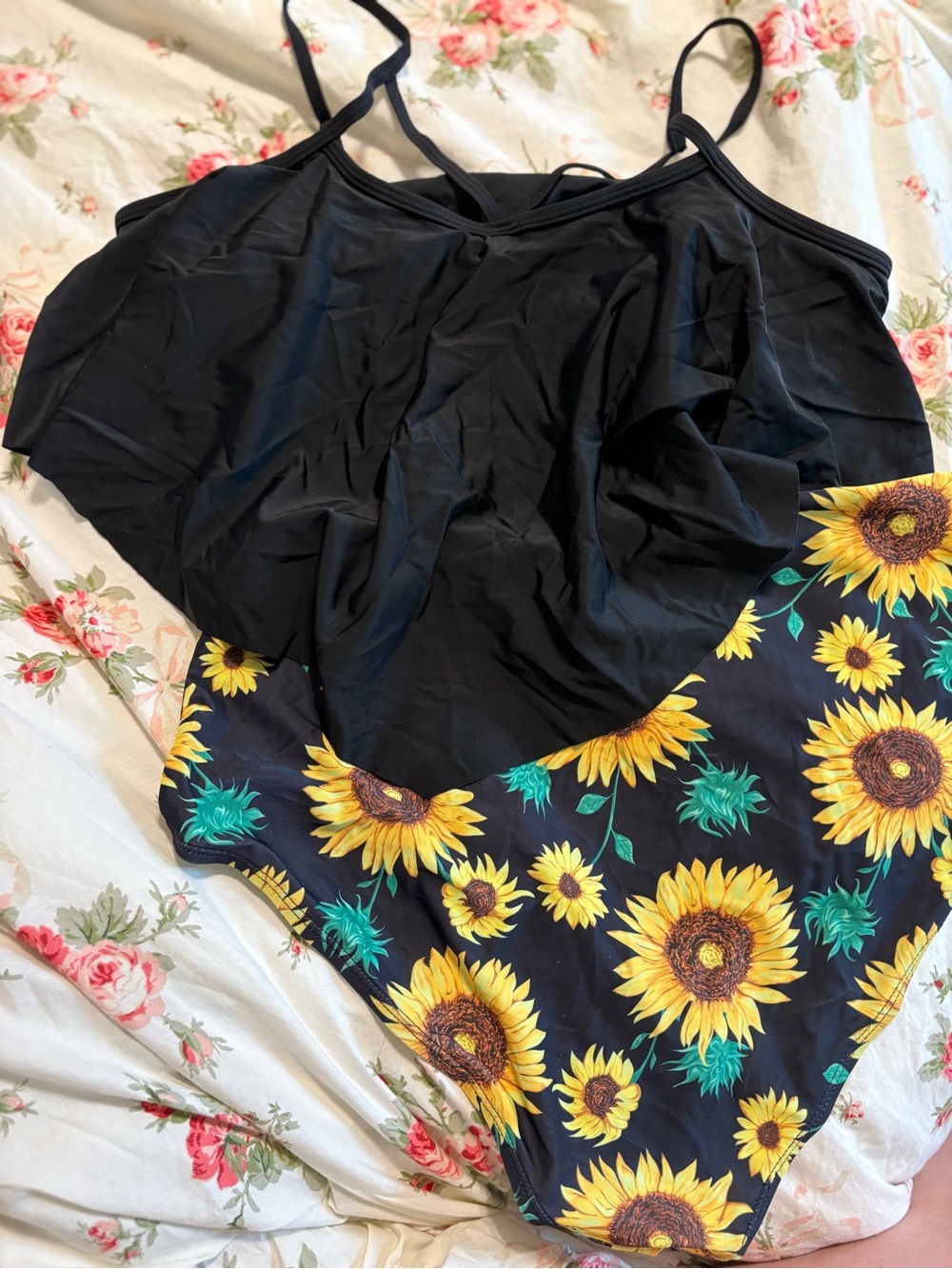 Black Tankini Top with Sunflower High-Waist Bottoms